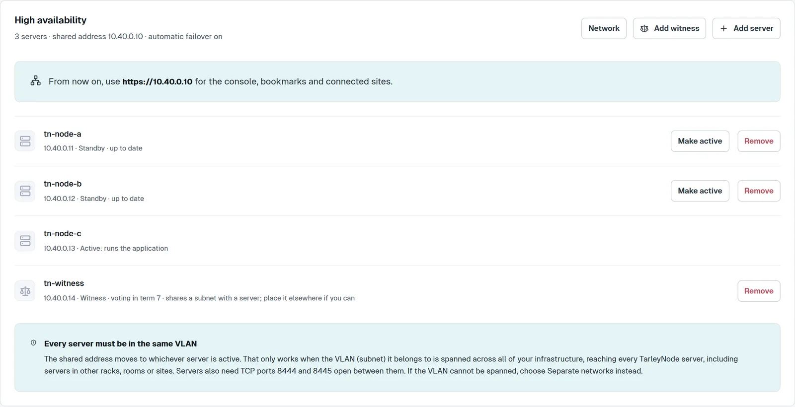 The high availability page: three servers share one address, one active and two standby servers up to date, and a witness that votes on failover.