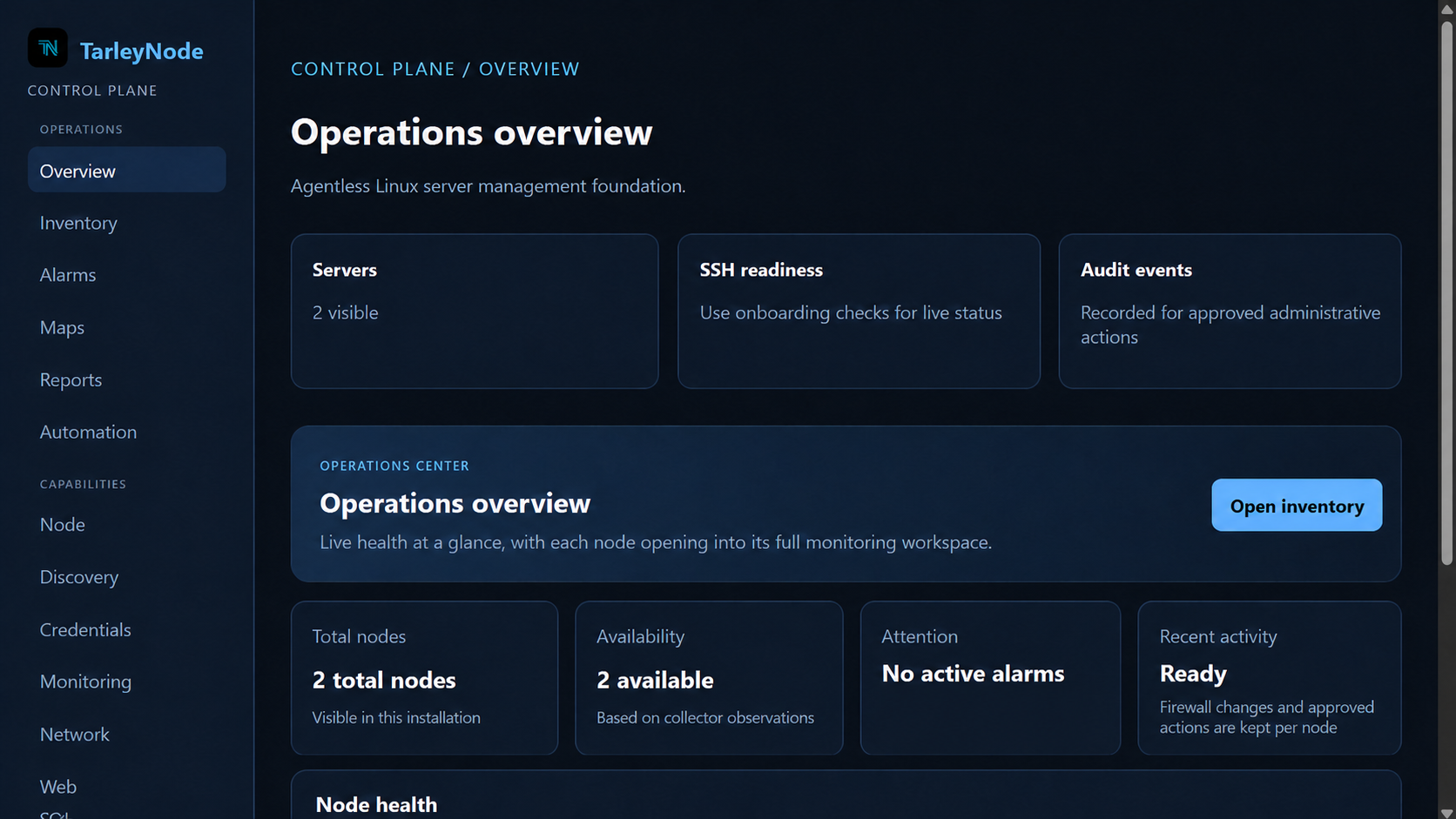 Sanitized TarleyNode operations overview with controlled demo values